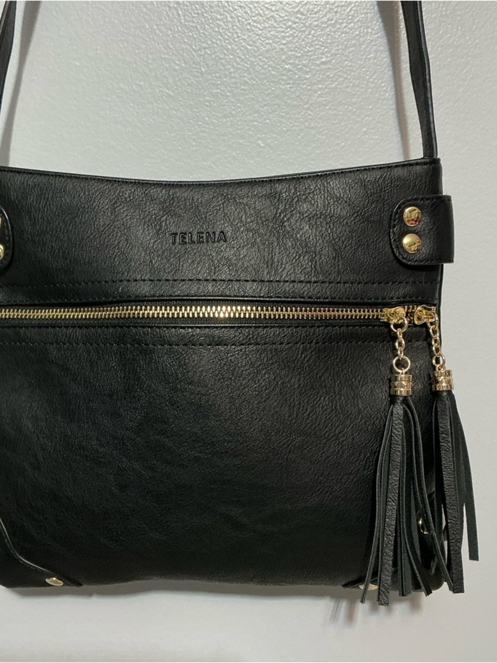 Telena Black Leather Crossbody Bag with Tassel Accents